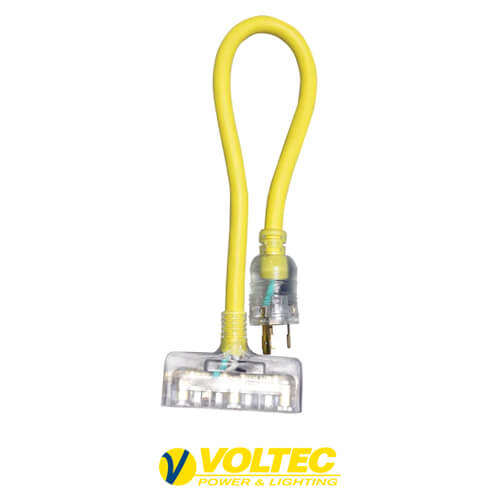 VOLTEC 2' 3-Outlet LOCKING Adapter with Lighted Power Block 12 Gauge SJTW