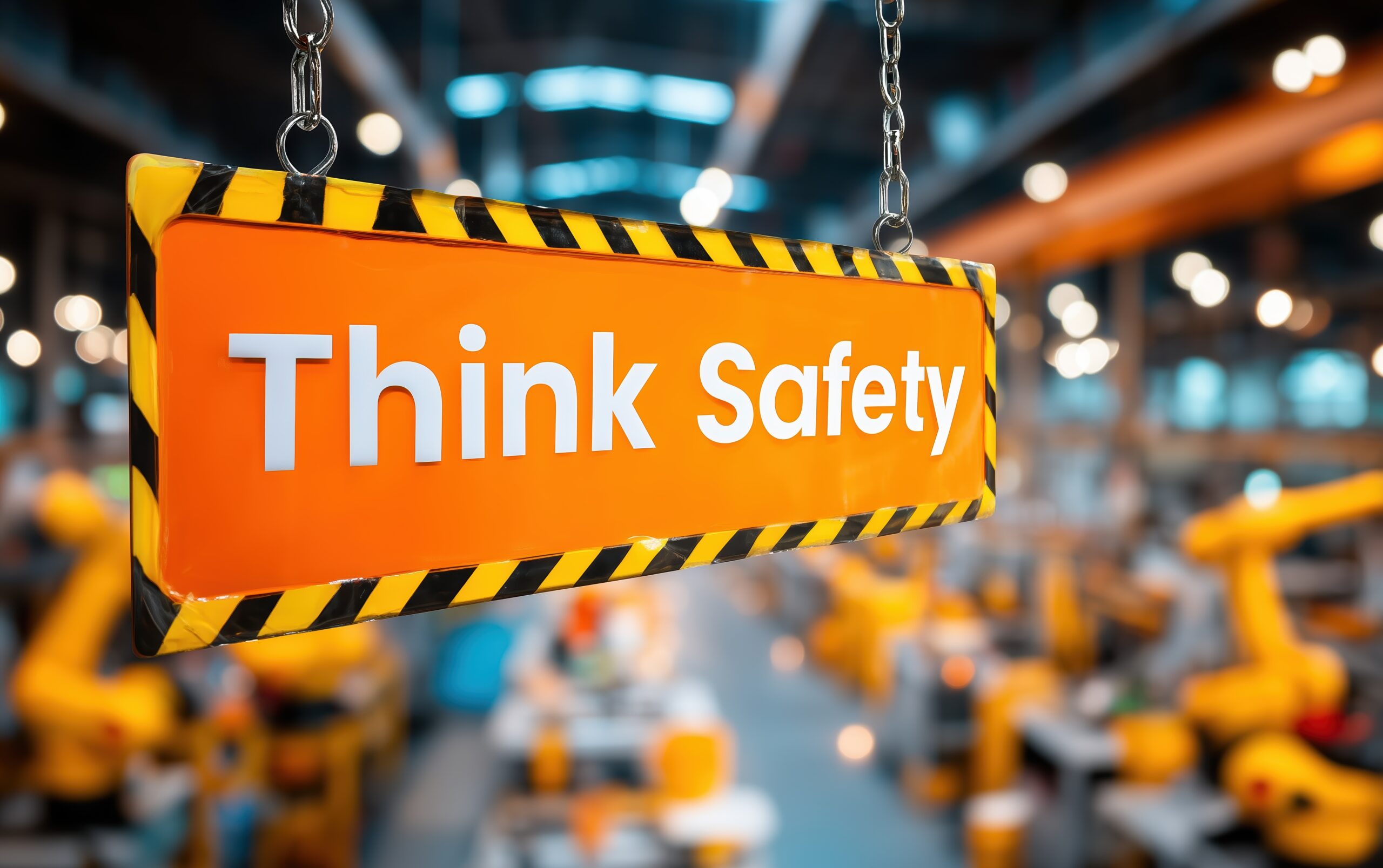 Orange “Think Safety” sign hanging in modern industrial factory