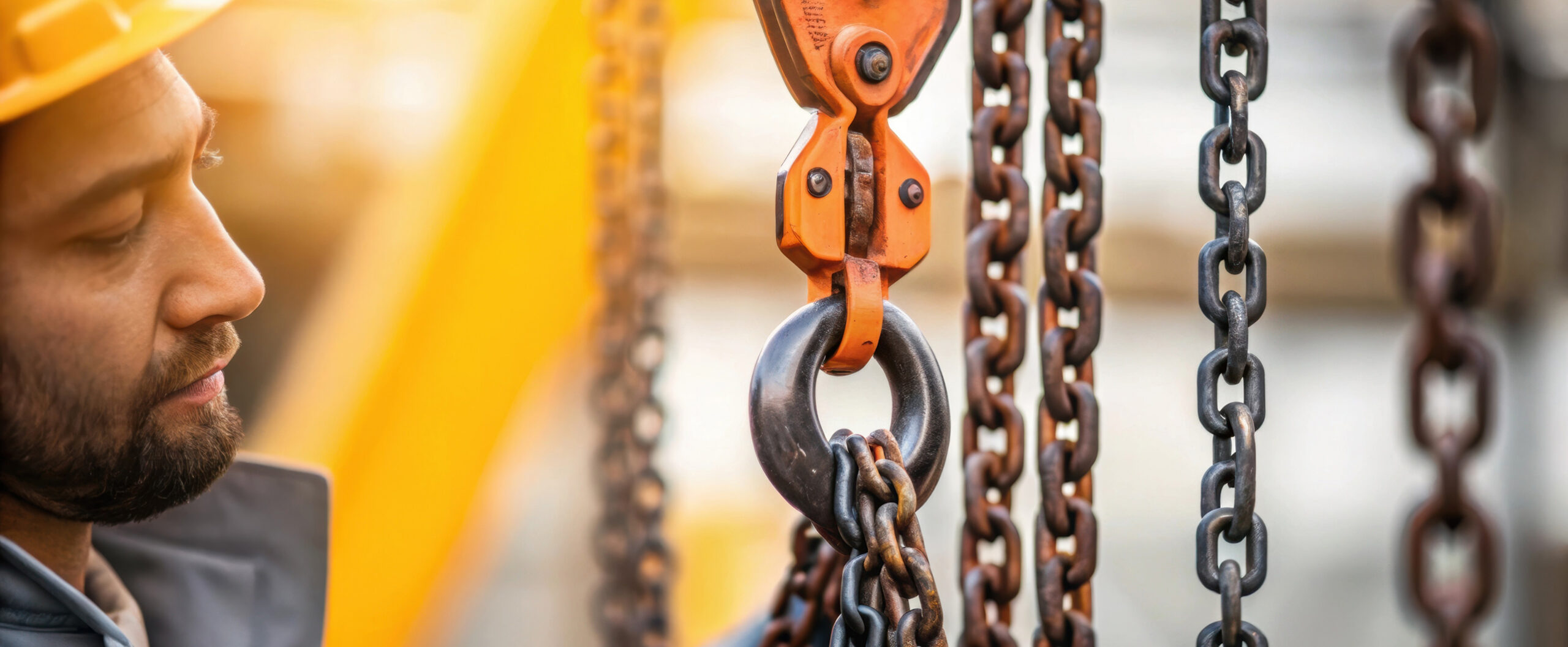 A closeup of a worker inspecting a set of chains and slings atta
